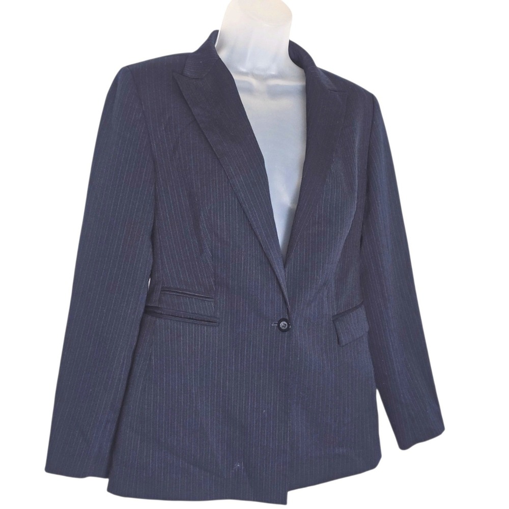 Express Stretch Navy Blue Pinstripe Single Button Blazer Jacket Womens Sz 7/8